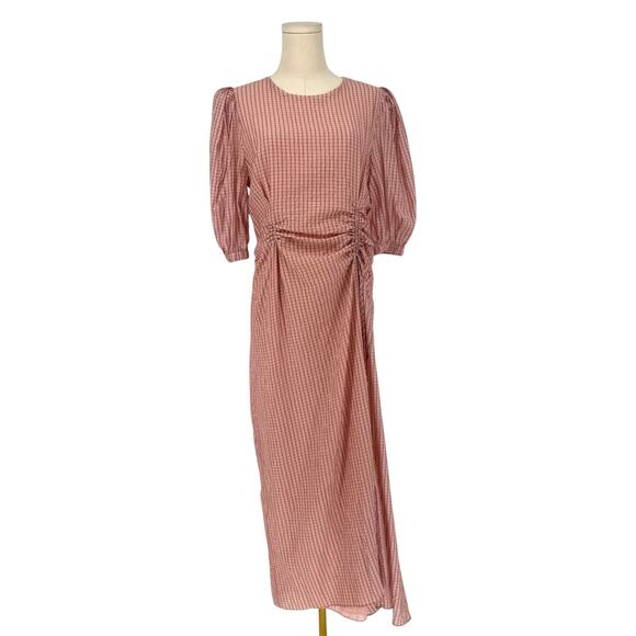 Zara Maxi Dress Micro Plaid Light Pink Puff Sleeve Milk Maid M Boho Tradwife - Picture 1 of 9
